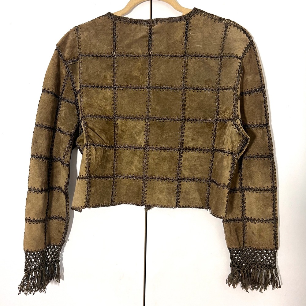 Vintage 90s Cardigan Jacket Womens S Suede Leather Crochet Trim Boho Patchwork - Picture 2 of 8